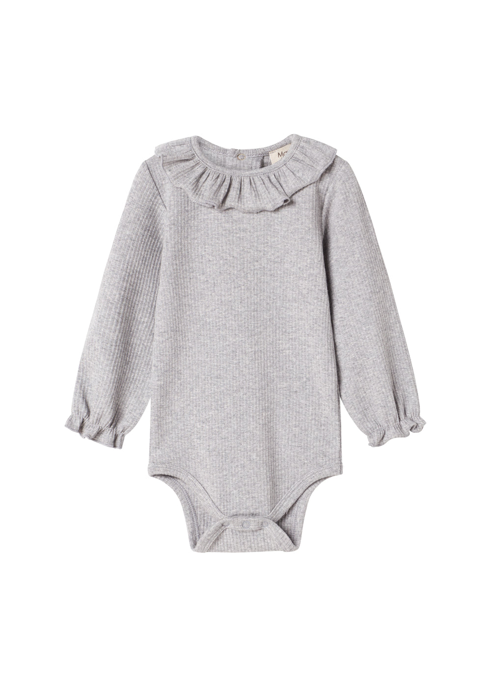 Lysegrå ribbet body med lange ærmer og flæsekrave til baby