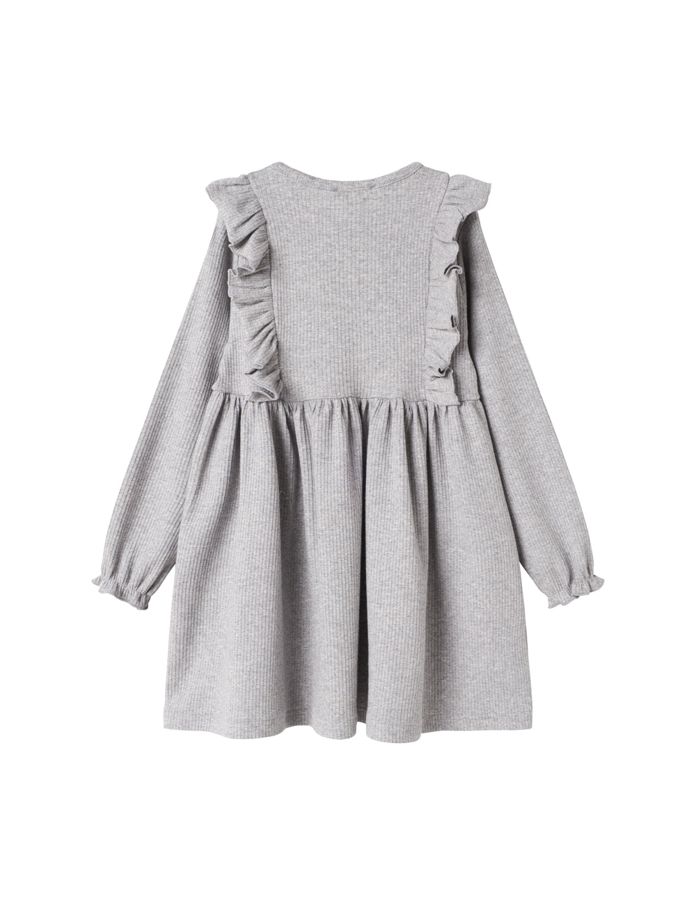 Grå ribstrikket kjole med flæser på skuldrene til børn