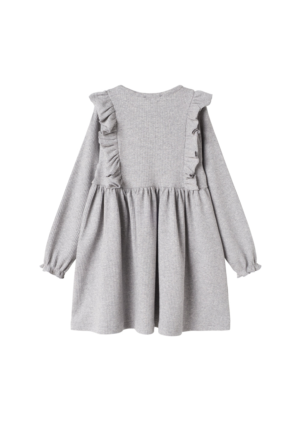 Grå ribstrikket kjole med flæser på skuldrene til børn