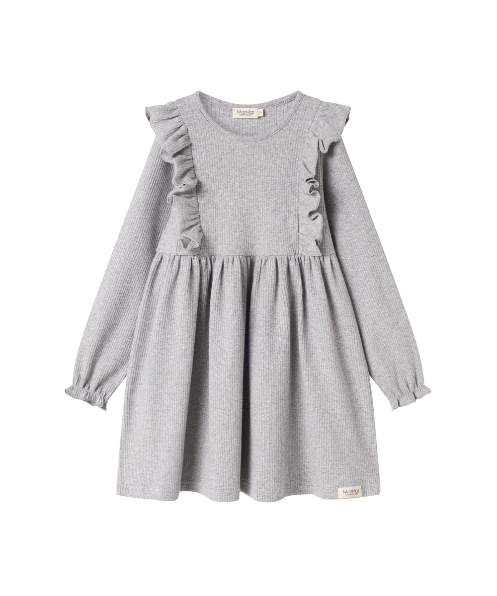 Grå ribstrikket kjole med flæser på skuldrene til børn