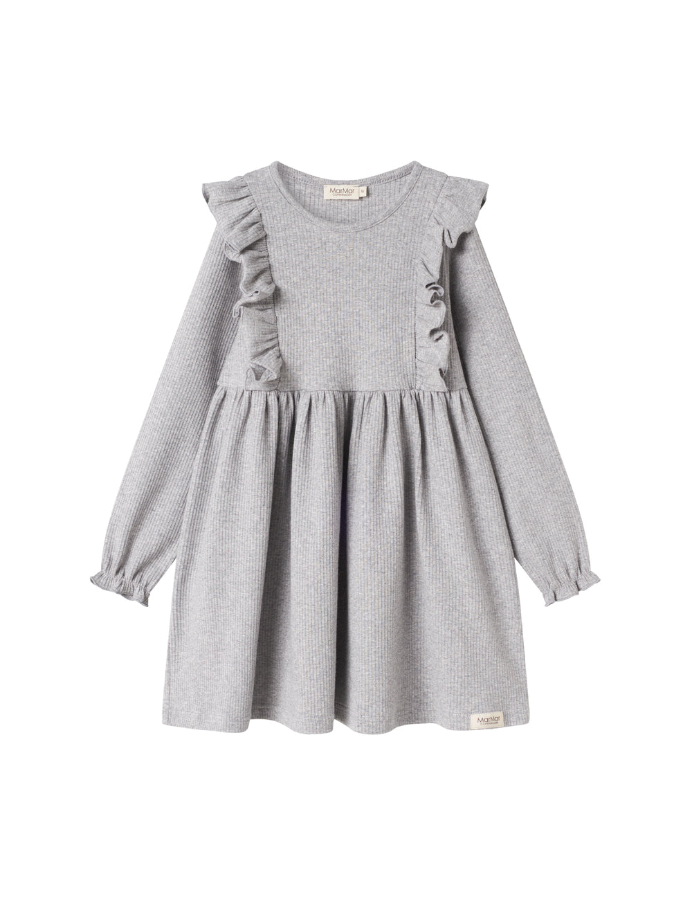 Grå ribstrikket kjole med flæser på skuldrene til børn