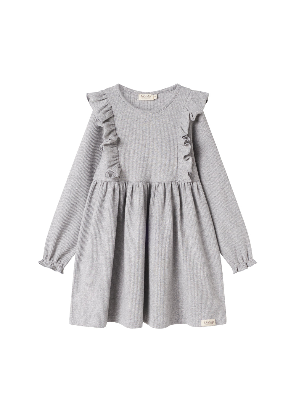 Grå ribstrikket kjole med flæser på skuldrene til børn