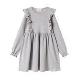 Grå ribstrikket kjole med flæser på skuldrene til børn