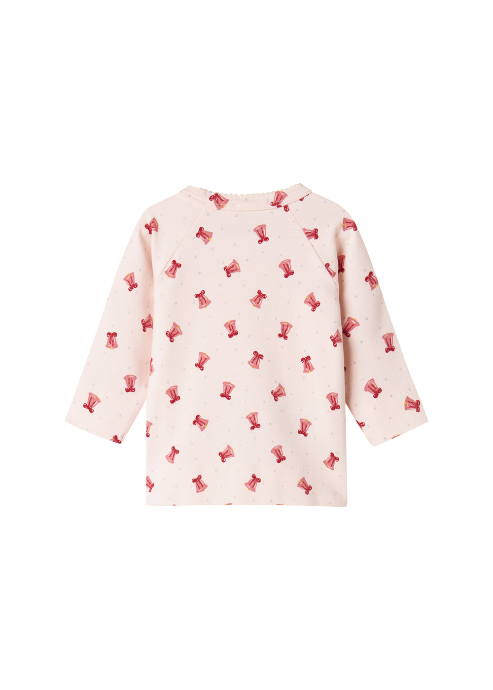 slå-om bluse med rødt juleklokkeprint til nyfødt