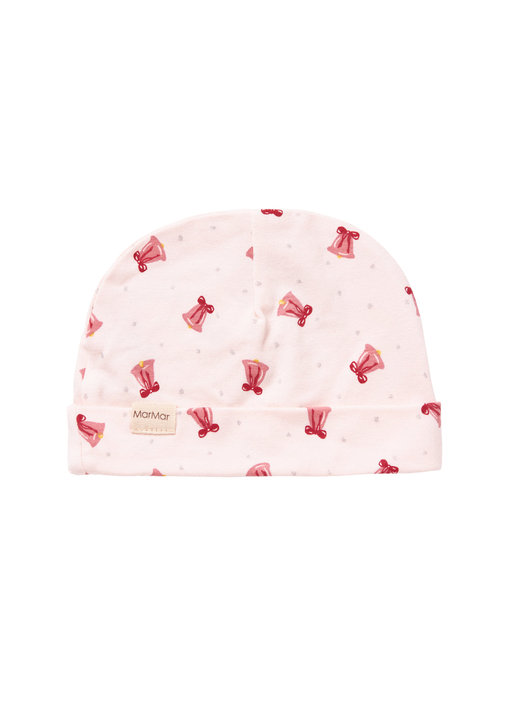 Cremefarvet hue med røde juleklokker til nyfødt