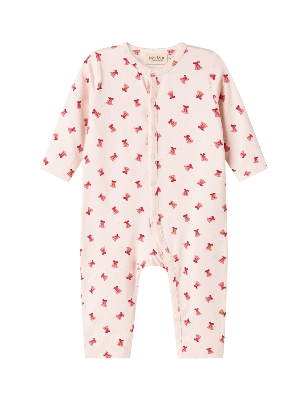 Cremefarvet heldragt med røde juleklokker til baby