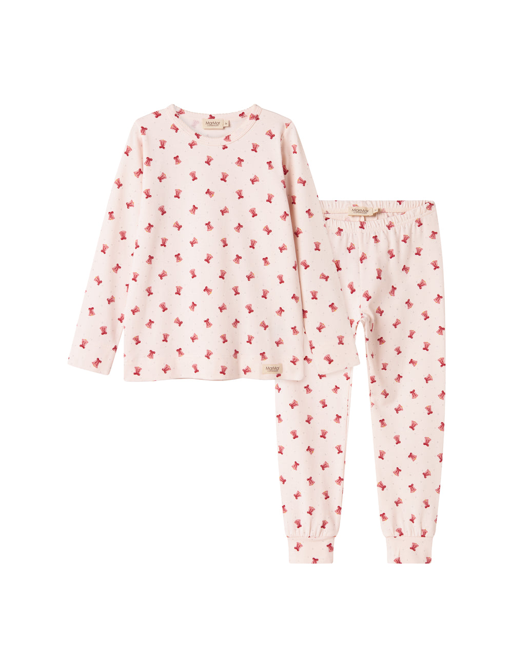 Cremefarvet julepyjamas med mønster af røde juleklokker til børn