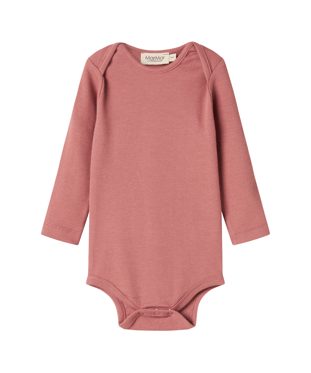 Støvet rosa ribstrikket body med lange ærmer til baby