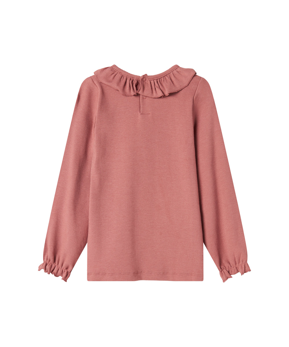 Støvet rosa bluse med flæsekrave og lange ærmer til børn