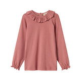 Støvet rosa bluse med flæsekrave og lange ærmer til børn