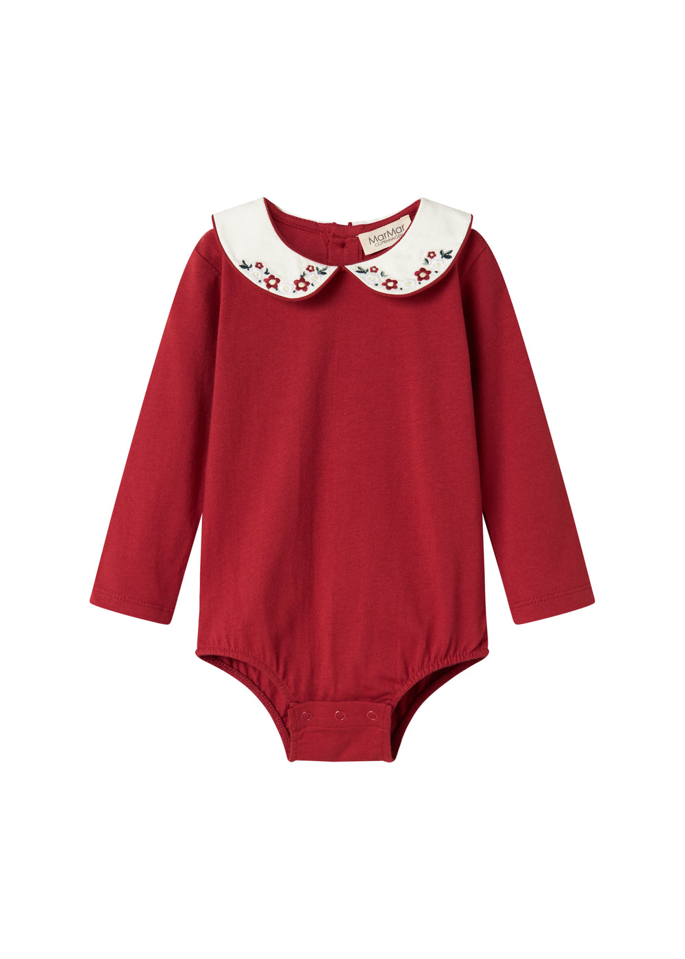 Julerød baby bodystocking med hvid krave og fine blomsterbroderier