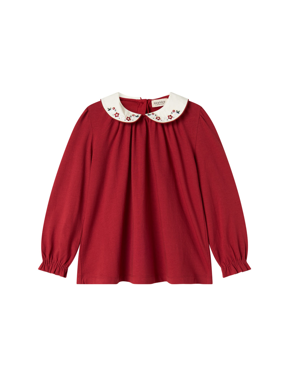 Rød julebluse med hvid krave og små blomsterbroderier til børn
