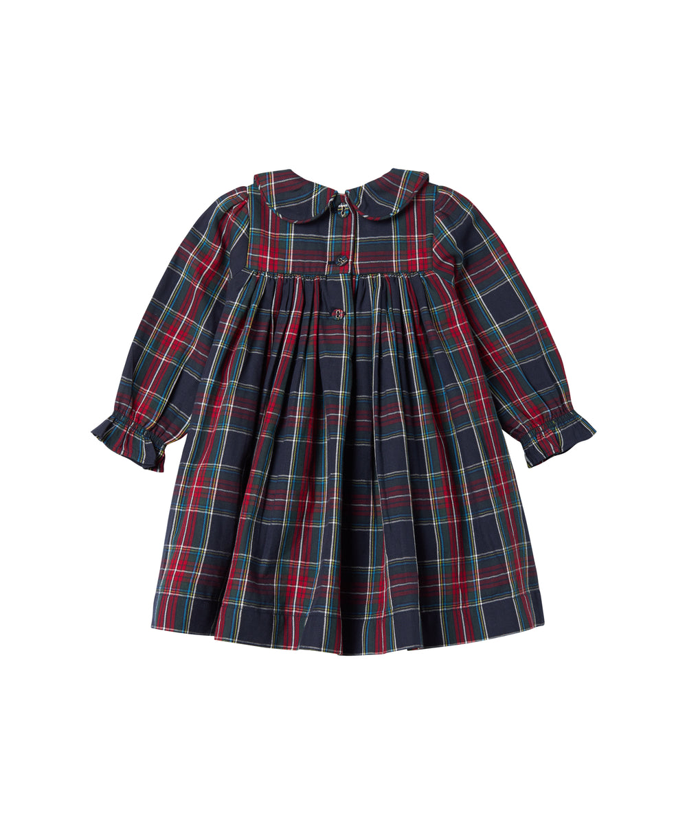 Mørkeblå og rød ternet julekjole med krave og lange ærmer til baby