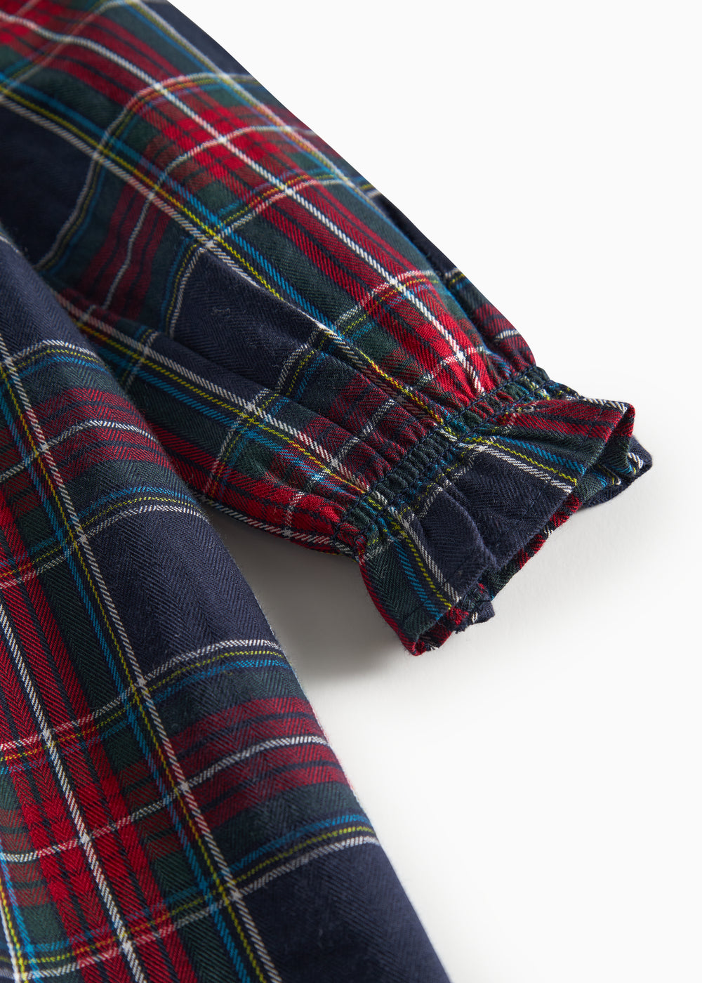 Mørkeblå og rød ternet julekjole med krave og lange ærmer til baby