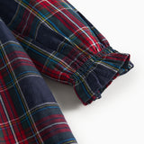 Mørkeblå og rød ternet julekjole med krave og lange ærmer til baby