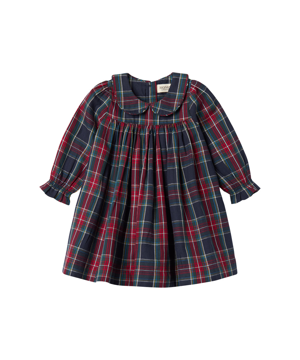 Mørkeblå og rød ternet julekjole med krave og lange ærmer til baby