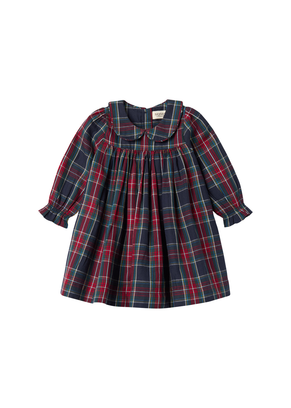 Mørkeblå og rød ternet julekjole med krave og lange ærmer til baby