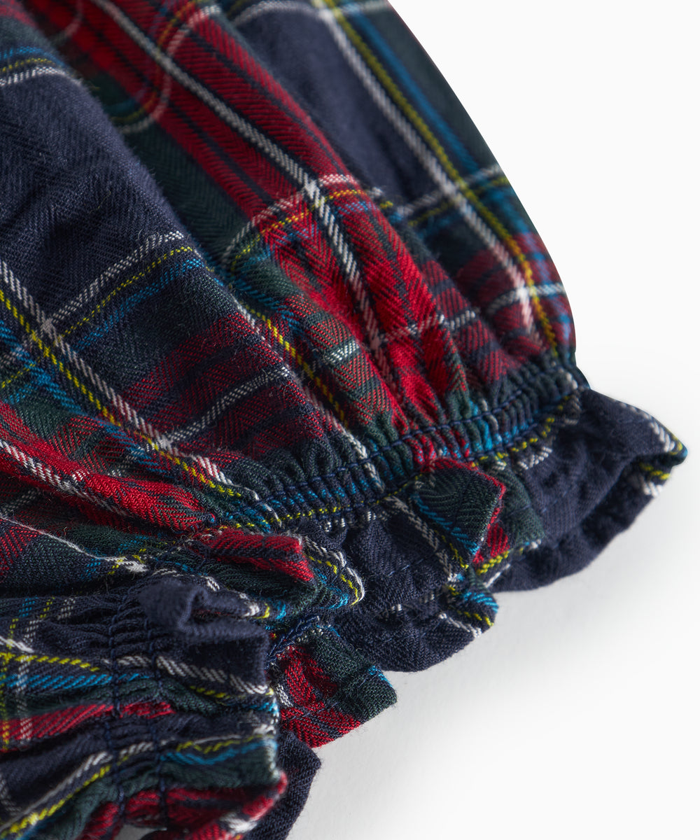 Mørkeblå og rød ternede bloomers med elastisk talje og benåbninger til baby