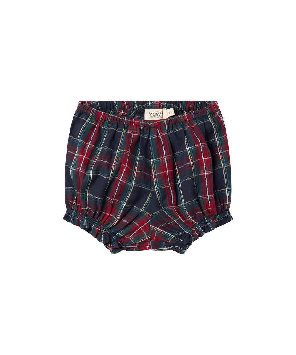 Mørkeblå og rød ternede bloomers med elastisk talje og benåbninger til baby