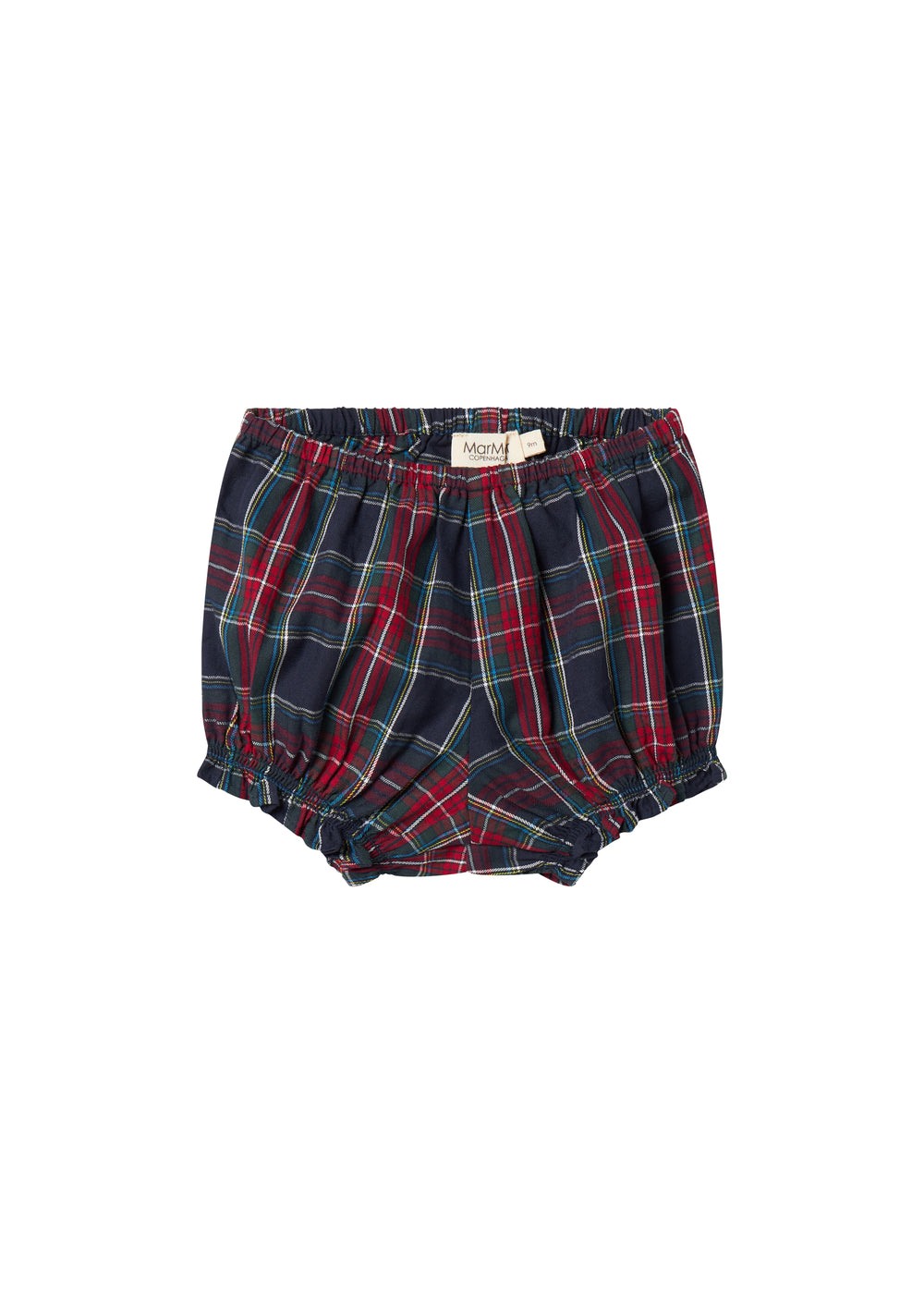 Mørkeblå og rød ternede bloomers med elastisk talje og benåbninger til baby