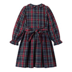 Mørkeblå grøn og rød ternet julekjole med krave og lange ærmer til børn