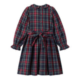 Mørkeblå grøn og rød ternet julekjole med krave og lange ærmer til børn