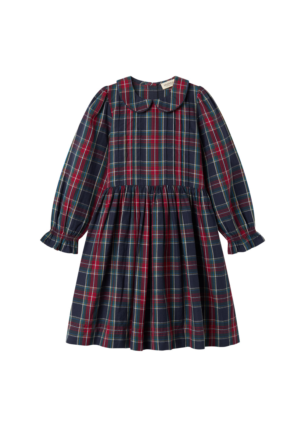 Mørkeblå grøn og rød ternet julekjole med krave og lange ærmer til børn