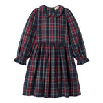 Mørkeblå grøn og rød ternet julekjole med krave og lange ærmer til børn