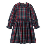 Mørkeblå grøn og rød ternet julekjole med krave og lange ærmer til børn