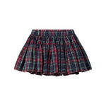 Mørkeblåt grønt og rødt ternet julenederdel med elastisk talje til børn