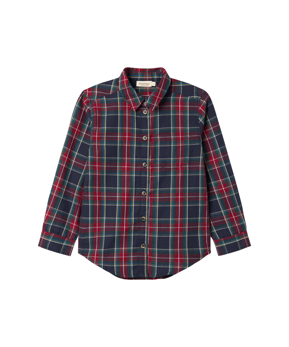 Mørkeblå, grøn og rød ternet juleskjorte med lange ærmer til børn