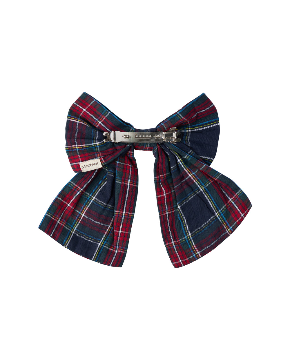 Ternet sløjfspænde i mørkeblå og rød ternet mønster med juleinspiration til børn