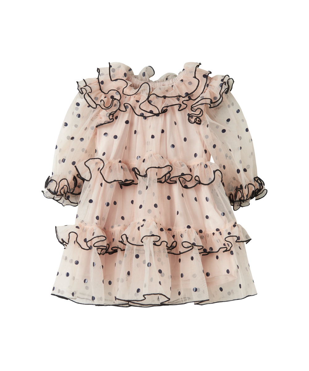 Lyserød julekjole i tyl med sorte prikker og flæser til baby