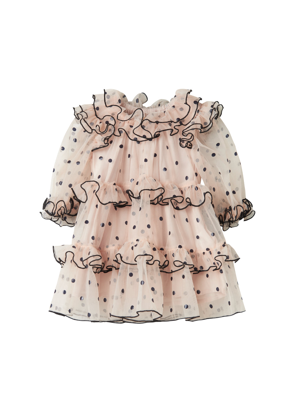 Lyserød julekjole i tyl med sorte prikker og flæser til baby
