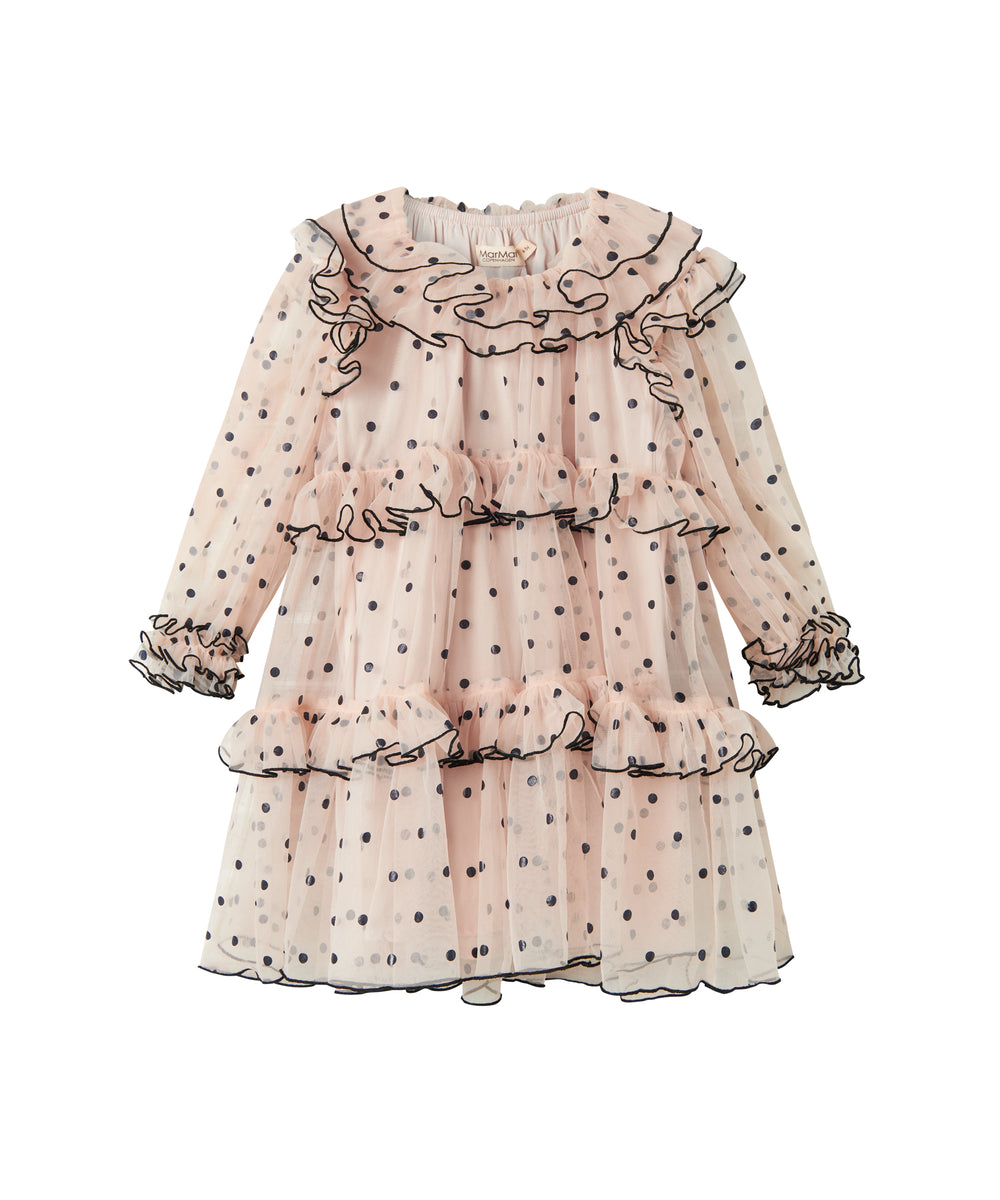 Lys beige langærmet festkjole i tyl med sorte prikker og flæsedetaljer til børn