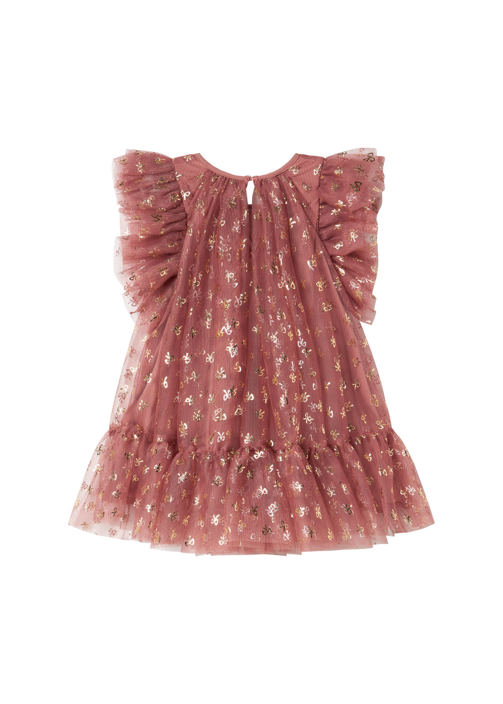 Rosa festlig babykjole i tyl med flæser og guldprint