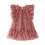 Rosa festlig babykjole i tyl med flæser og guldprint