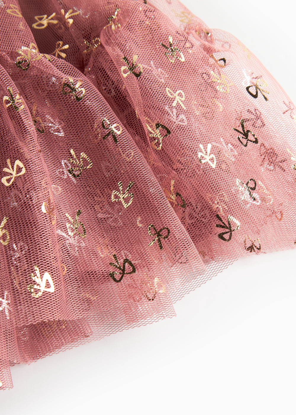 Rosa festlig babykjole i tyl med flæser og guldprint