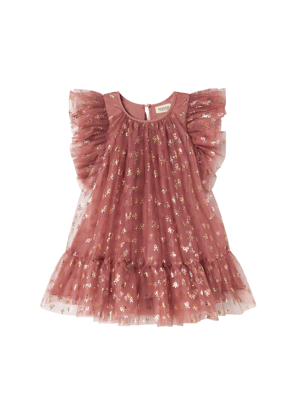 Rosa festlig babykjole i tyl med flæser og guldprint