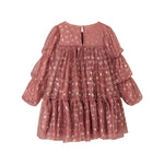 Rosa festkjole i tyl med guldprint og lange ærmer til børn