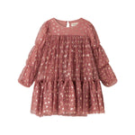 Rosa festkjole i tyl med guldprint og lange ærmer til børn