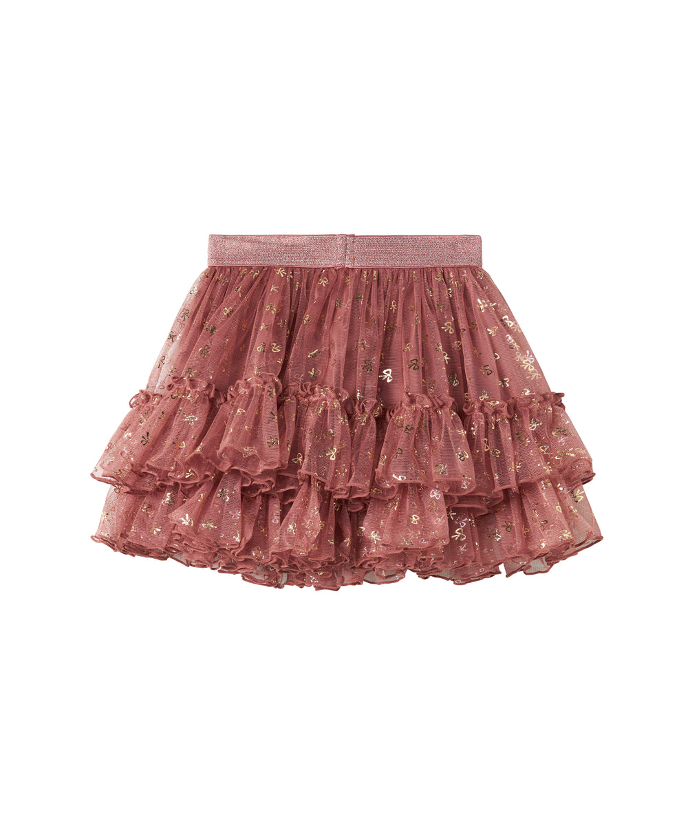 Rosa festnederdel i tyl med flæser og gyldne prikker til børn