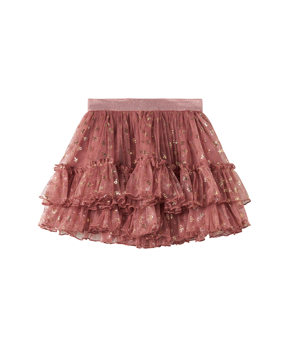 Rosa festnederdel i tyl med flæser og gyldne prikker til børn