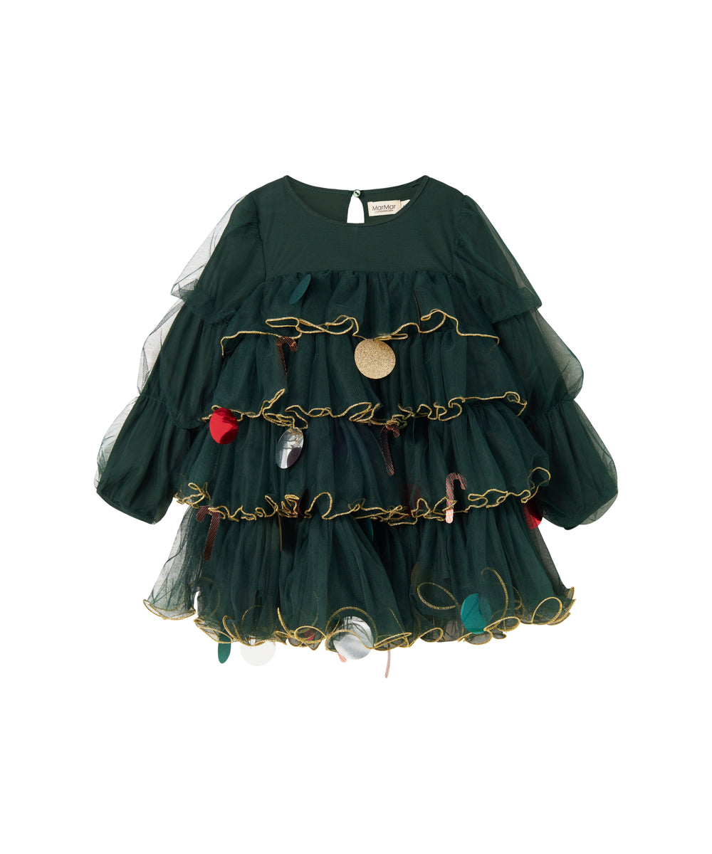 Mørkegrøn julekjole i tyl med guldkanter og pyntedetaljer til børn