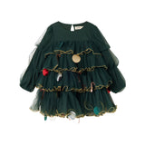 Mørkegrøn julekjole i tyl med guldkanter og pyntedetaljer til børn