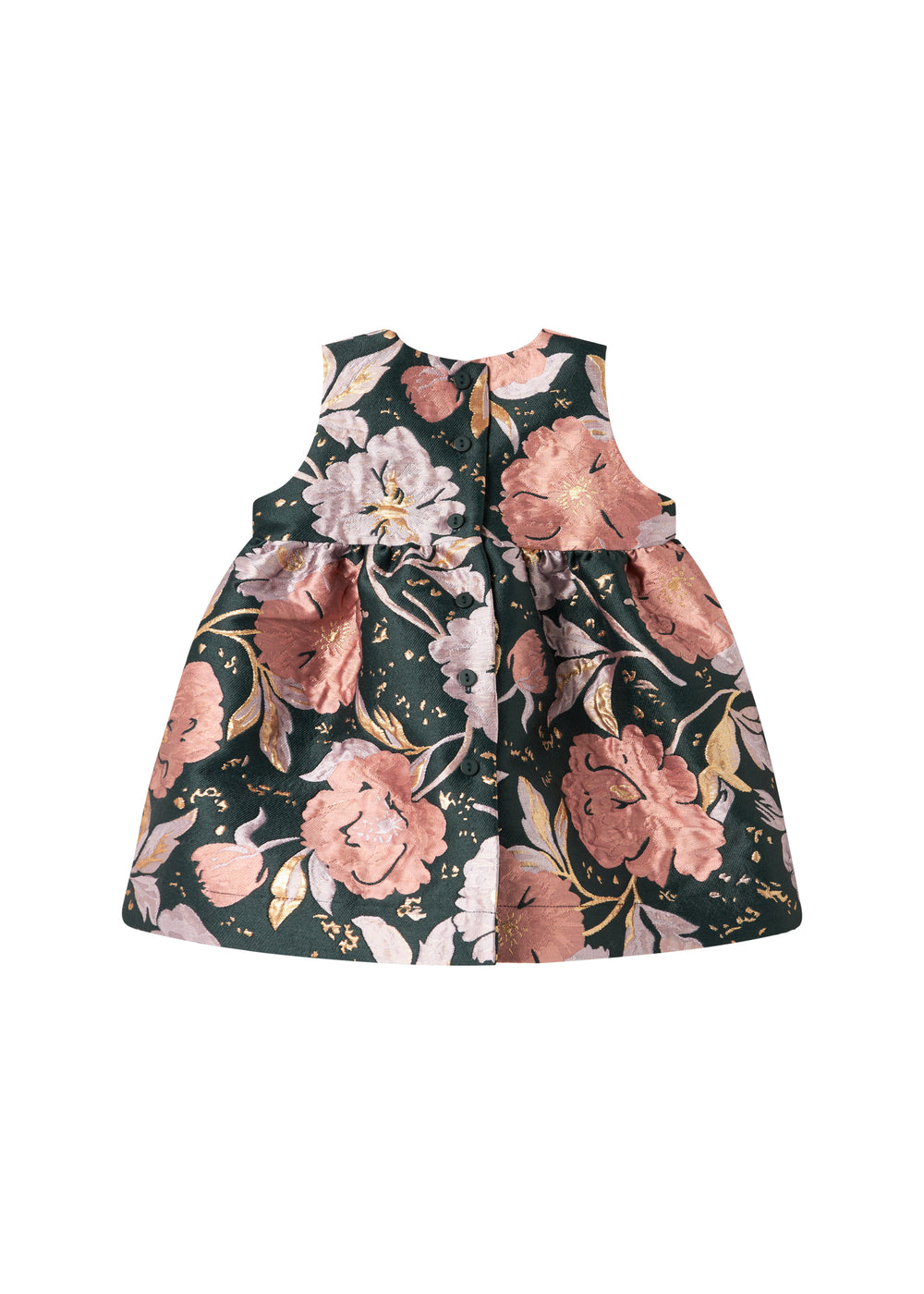 Mørkegrøn ærmeløs festkjole med store blomster og sløjfedetalje til baby