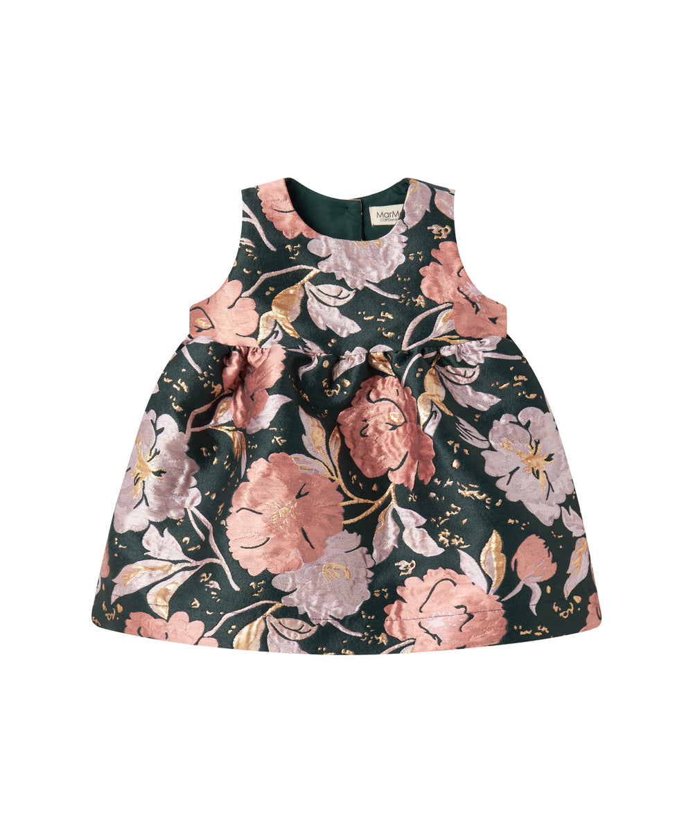 Mørkegrøn ærmeløs festkjole med store blomster og sløjfedetalje til baby