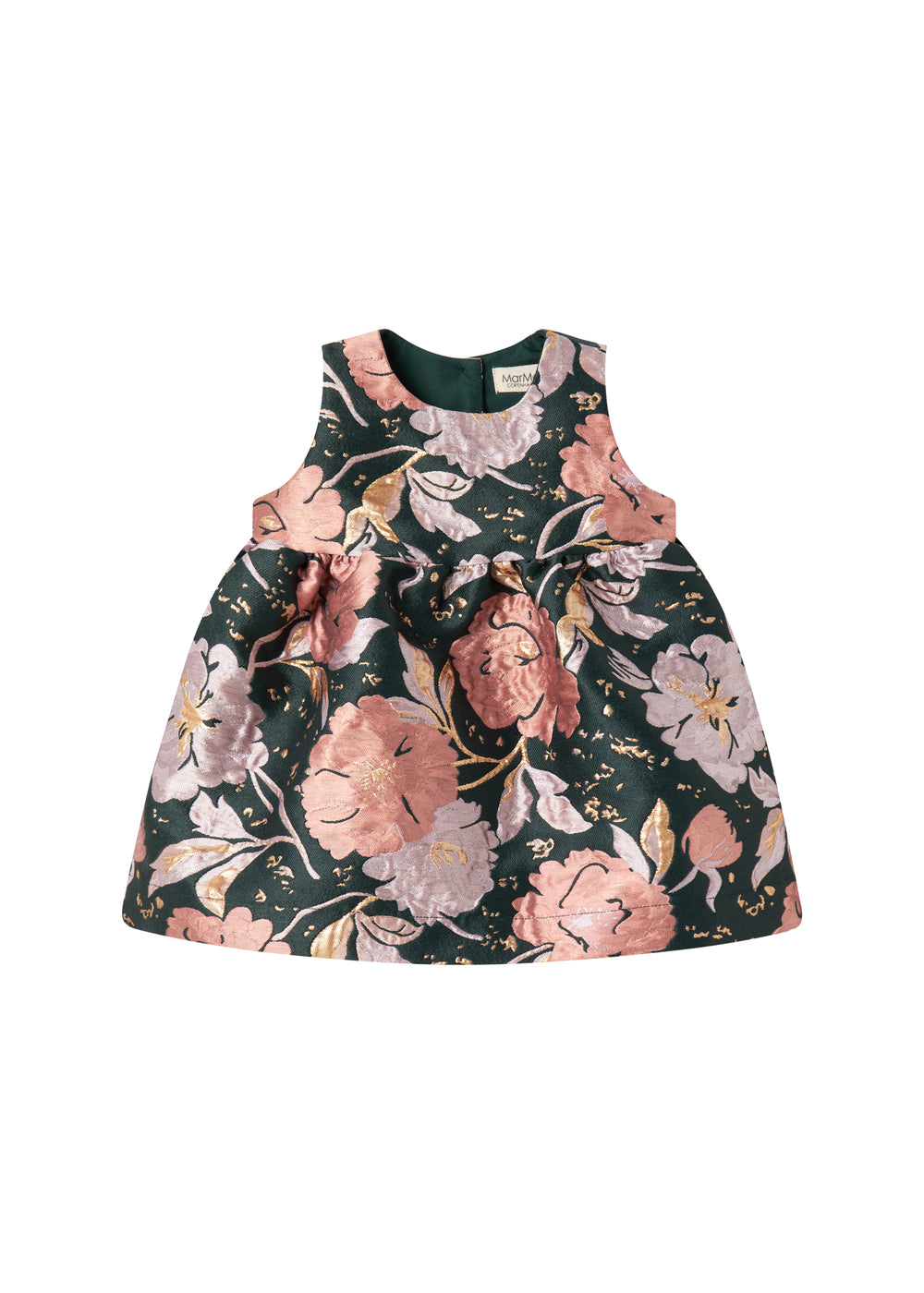 Mørkegrøn ærmeløs festkjole med store blomster og sløjfedetalje til baby