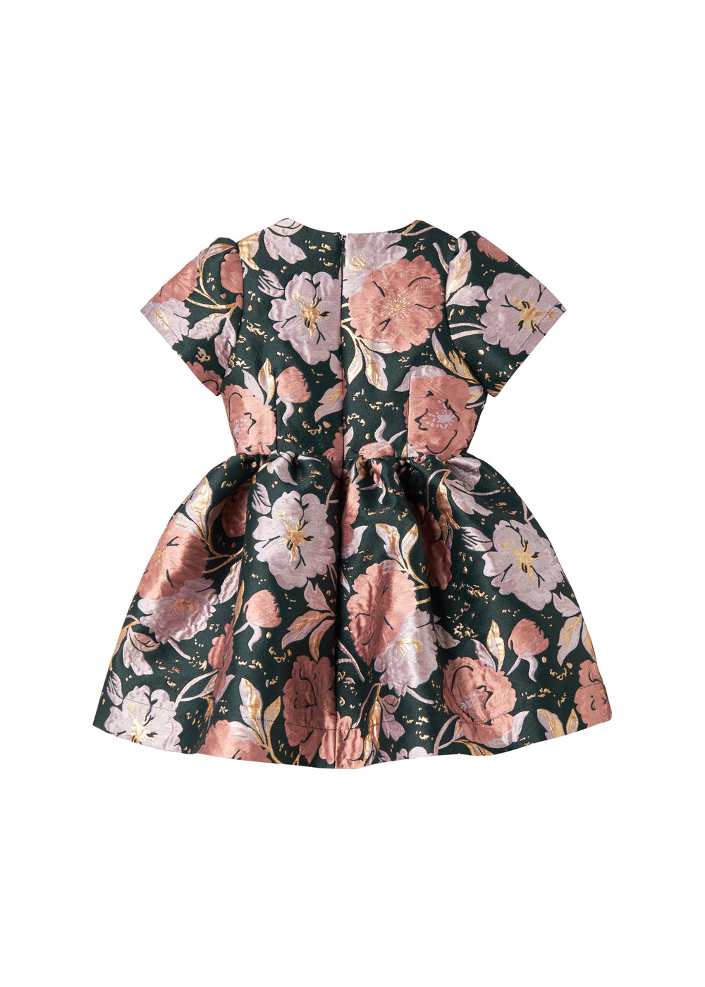 Mørkegrøn festkjole med store blomster og glansfuldt stof til børn
