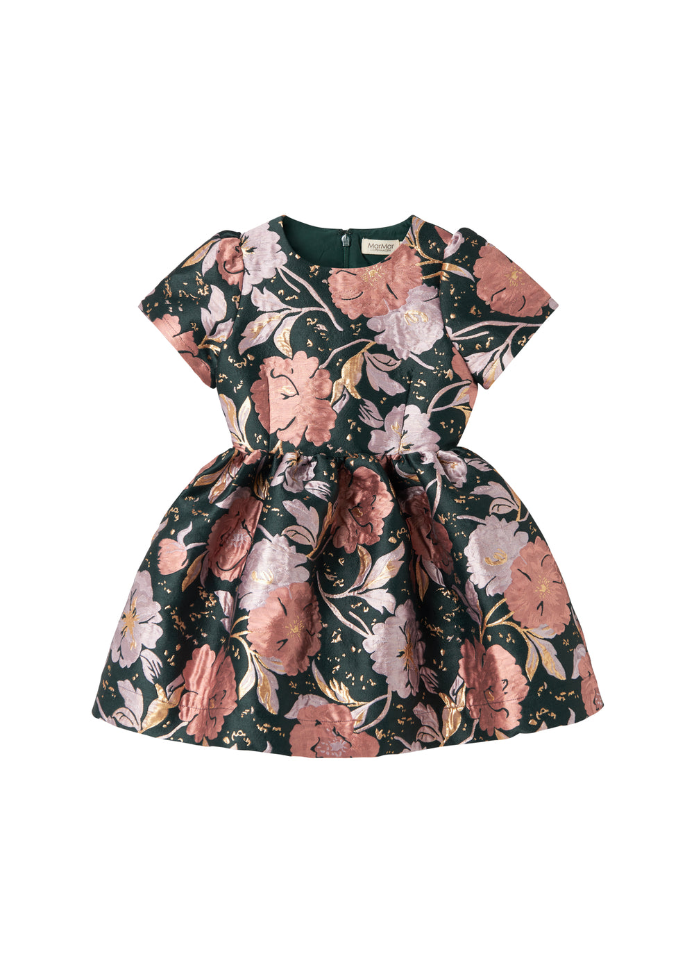 Mørkegrøn festkjole med store blomster og glansfuldt stof til børn